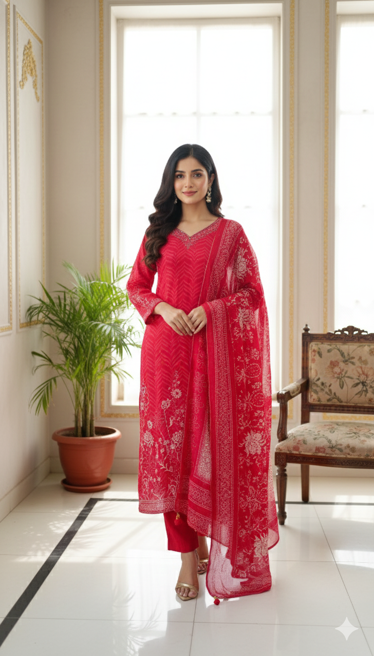 Women Pink Hand Embodiery Chinnon Kurta Pant Duppatta Set