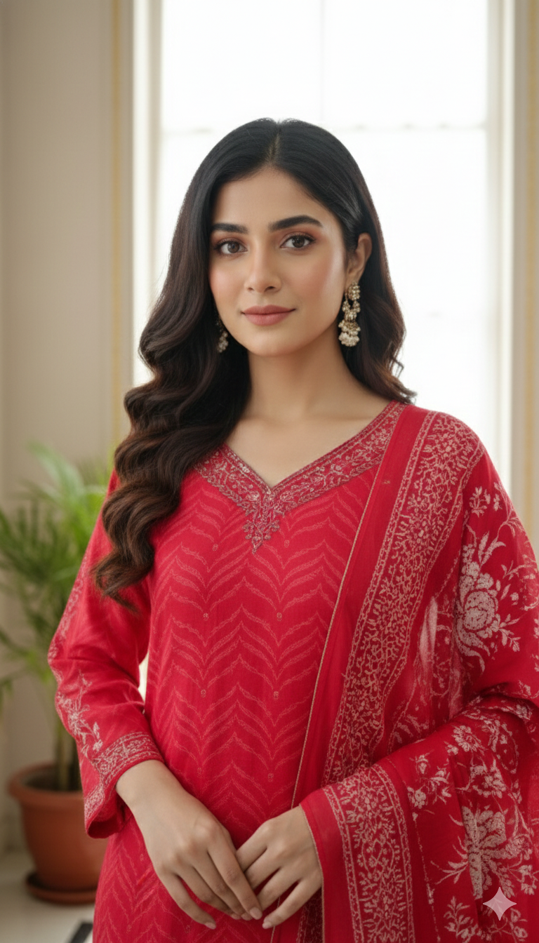 Women Pink Hand Embodiery Chinnon Kurta Pant Duppatta Set