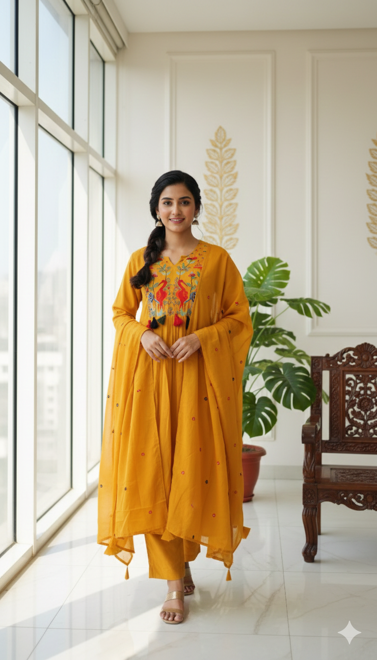 Women Yellow Hand Embodiery Cotton Kurta Pant Duppatta Set