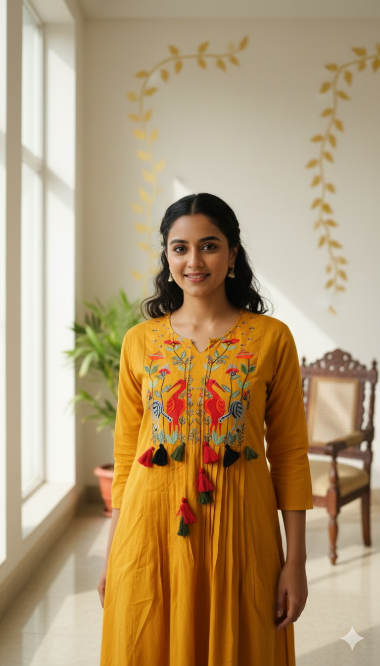 Women Yellow Hand Embodiery Cotton Kurta Pant Duppatta Set