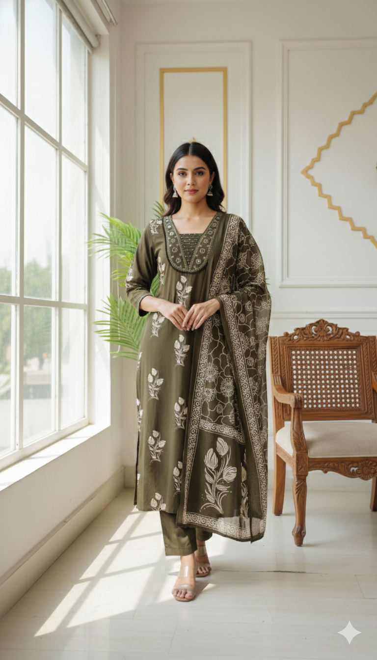 Women Mehandi Original Mirror Work Cotton Kurta Pant Dupatta Set