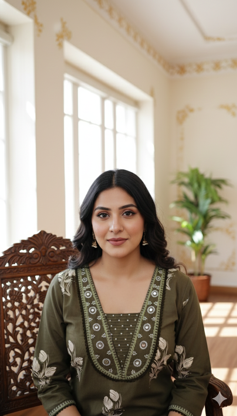 Women Mehandi Original Mirror Work Cotton Kurta Pant Dupatta Set