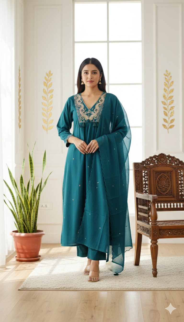 Women Teal Blue Embodiered Cotton Kurta Pant Dupatta Set