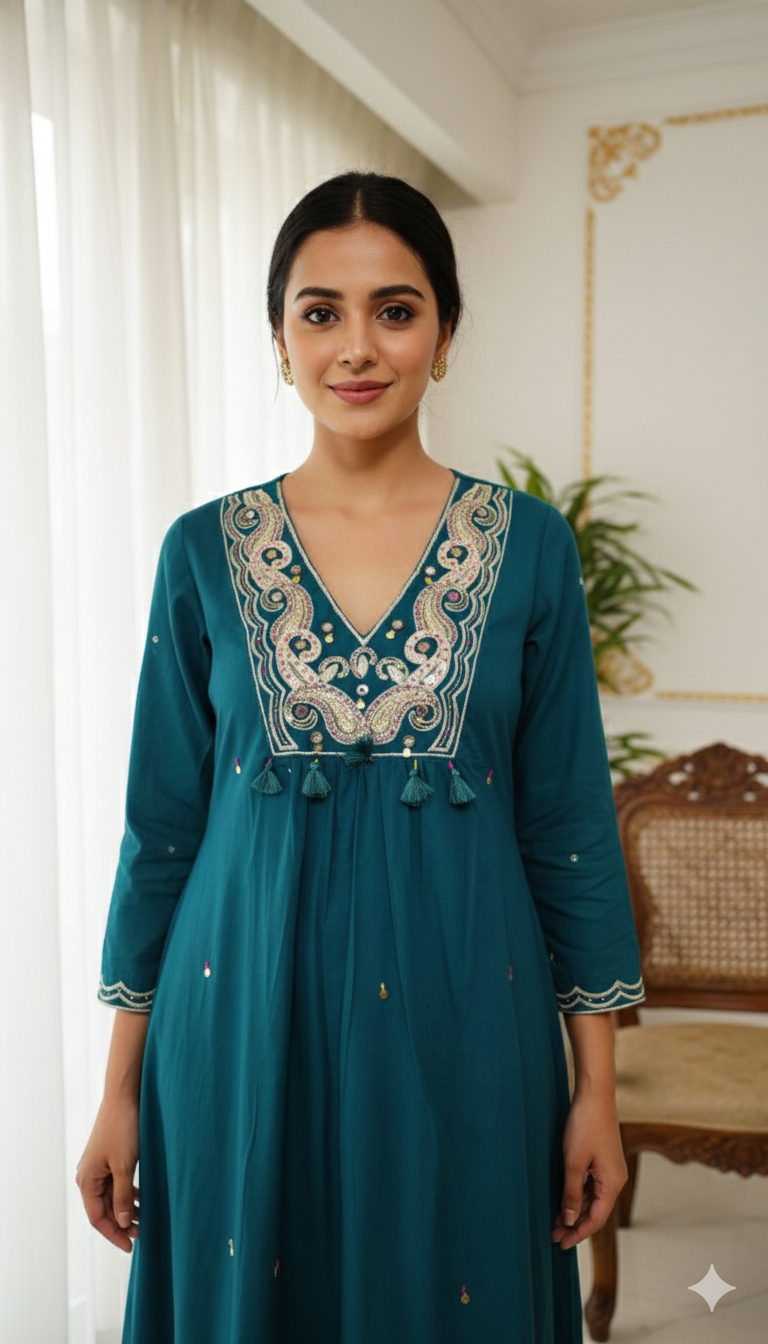 Women Teal Blue Embodiered Cotton Kurta Pant Dupatta Set