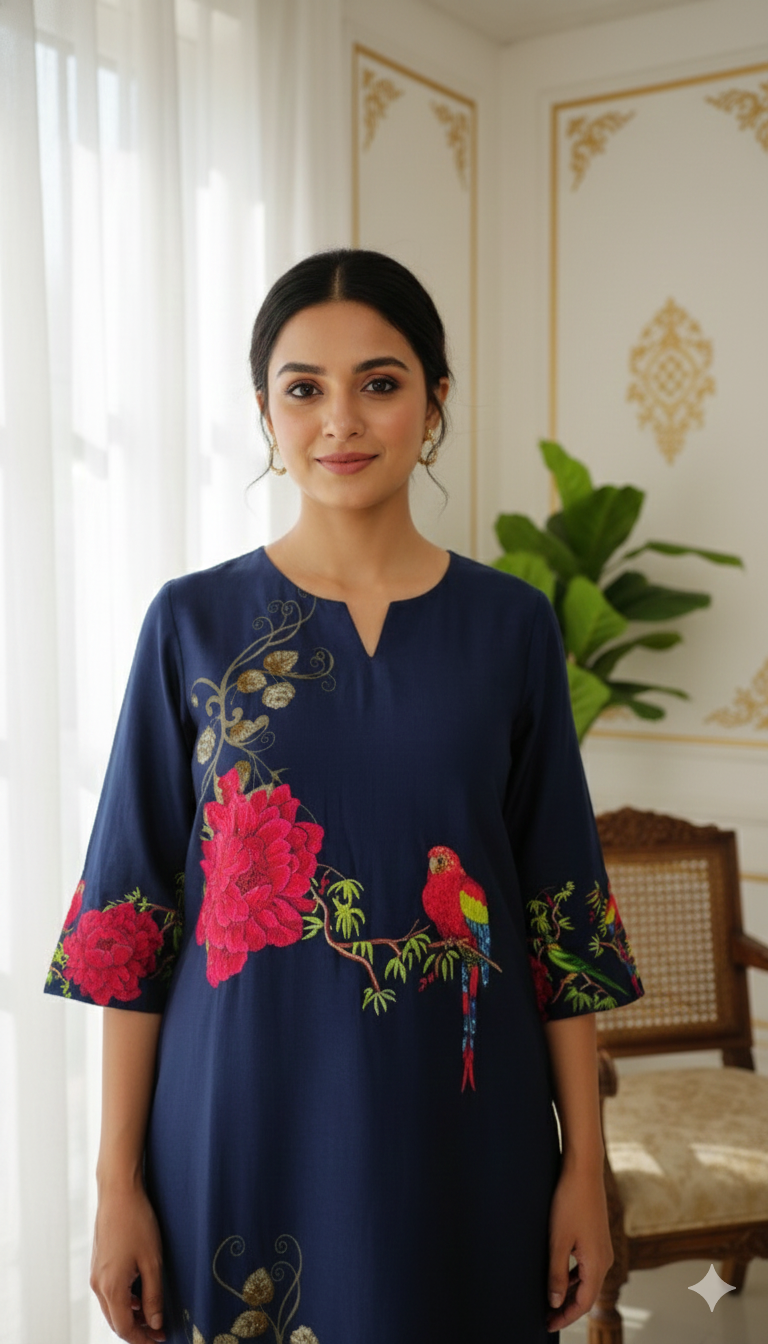 Women Blue Sequence Embodiery Muslin Silk Kurta Pant Dupatta Set