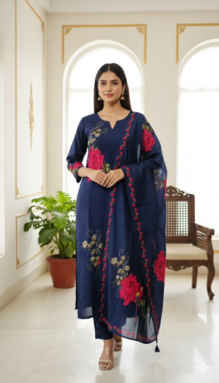 Women Blue Sequence Embodiery Muslin Silk Kurta Pant Dupatta Set