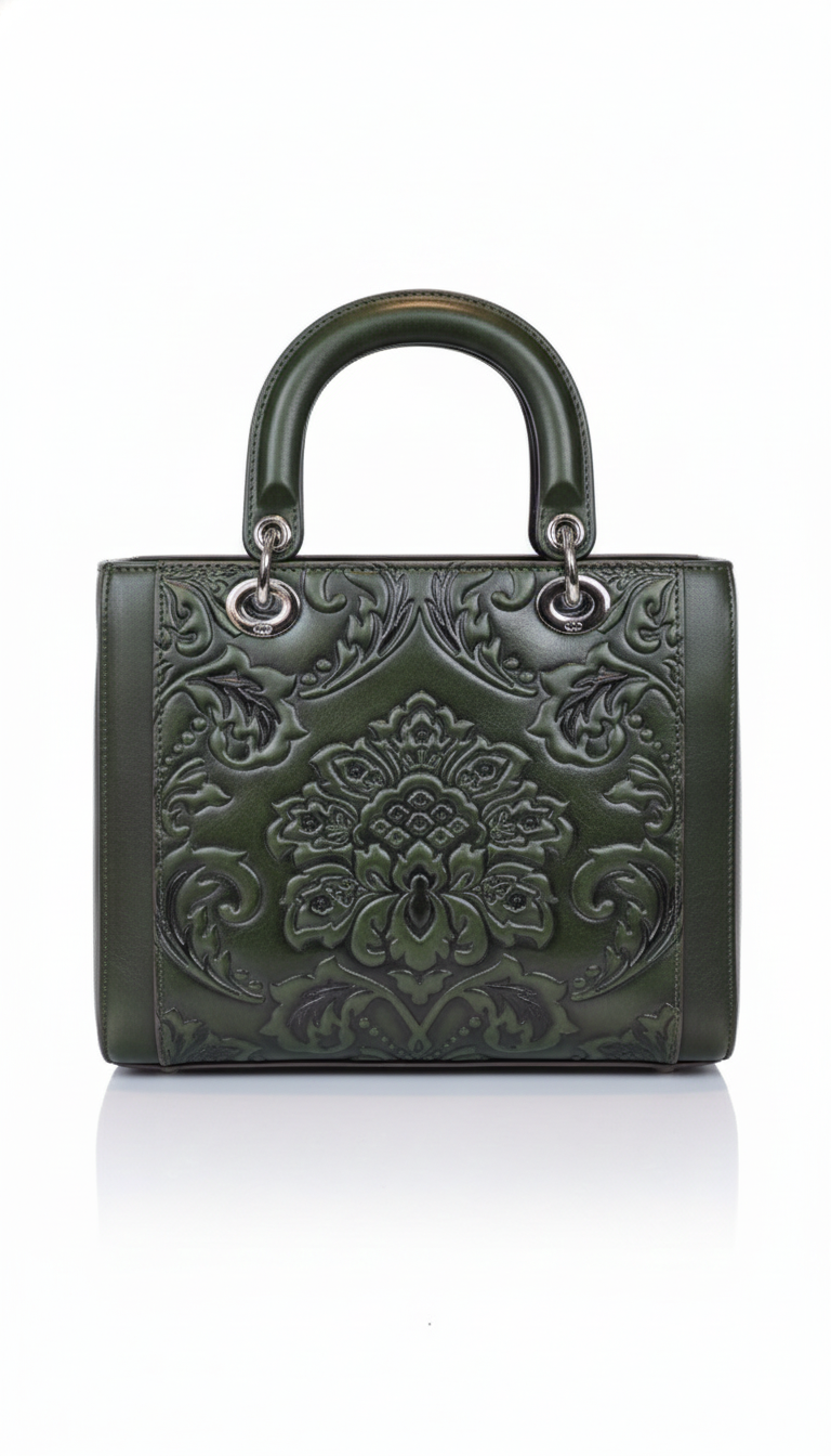 Premium PU Leather Dark Green Floral Embroidery Handbags