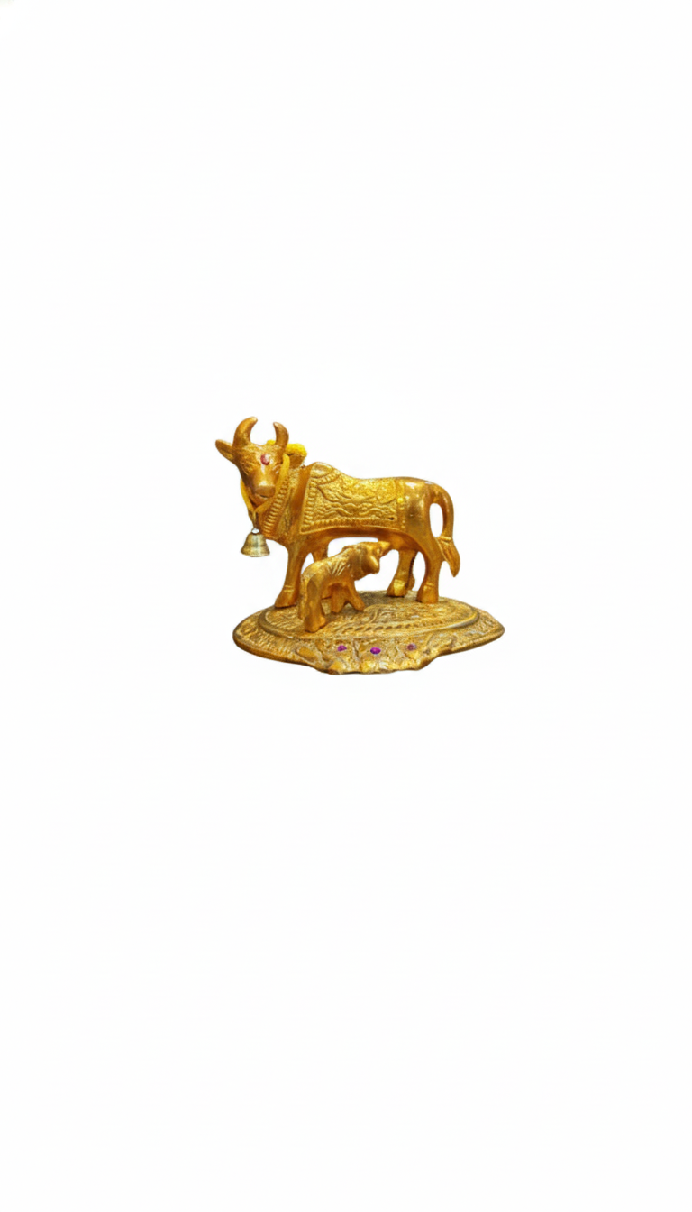 KridayKraft Gold Kamdhenu Cow with Calf Standing Metal Statue,Gau MATA Murti
