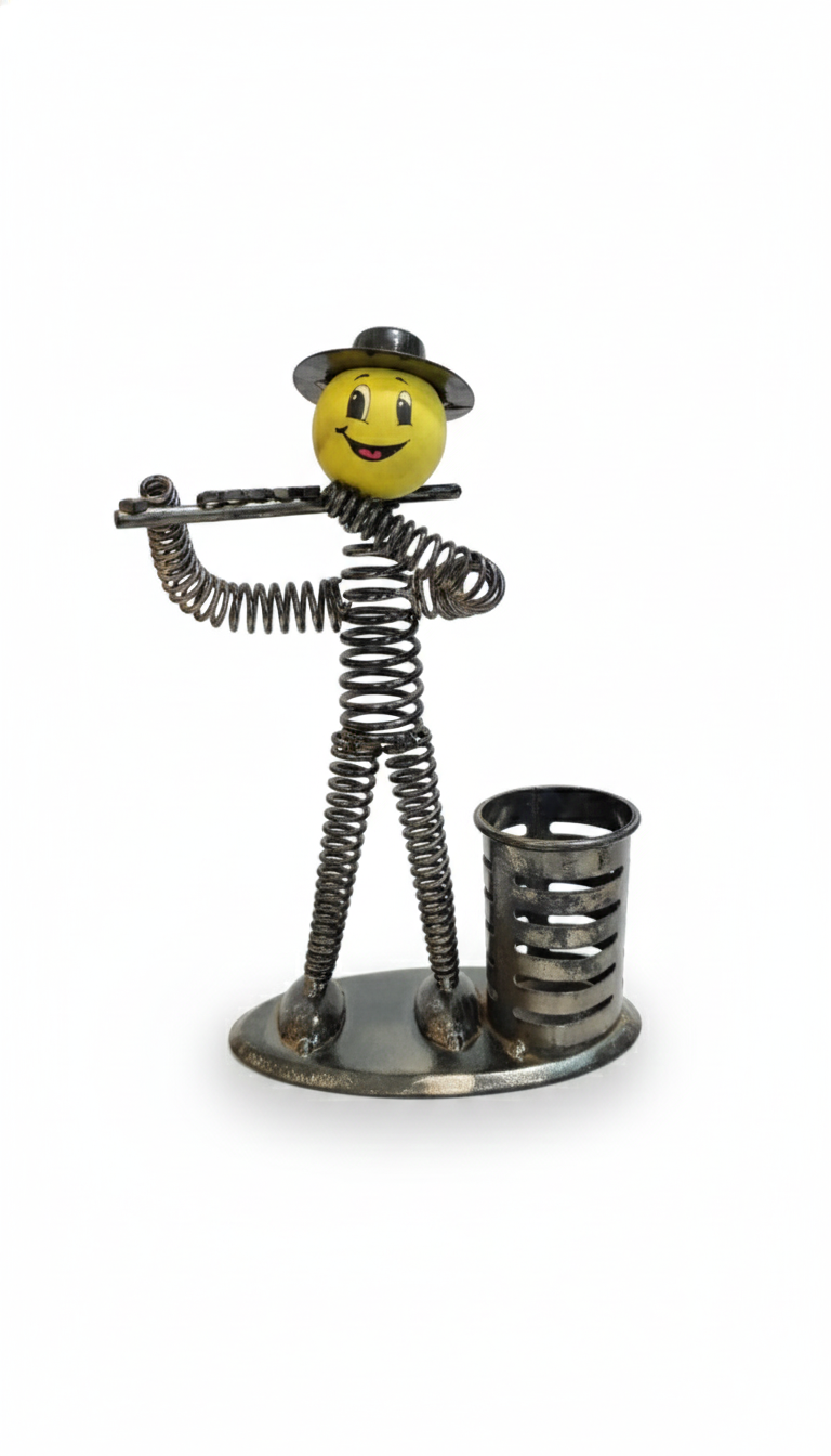Iron Musician Playing Flute Pen Stand Showpiece