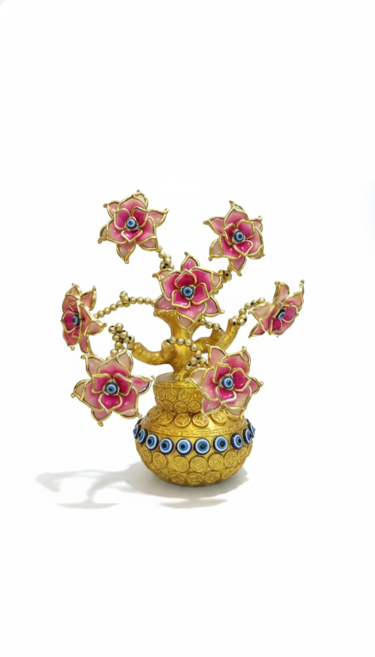 SMILES GIFT Gold Plated Evil Eye Pink Flower Pot | Protection, Nazar Boncuk | For Home Decorative Showpiece