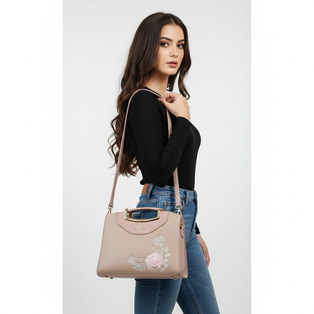 Super Classic Pink Floral Emboidered Elegant Handbag