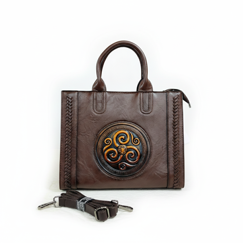 Super Classic Brown Embossed Circular Design Elegant Handbag