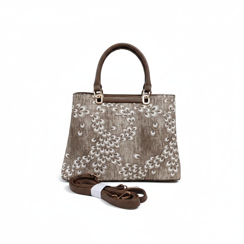 Super Classic Brown White Peacock Feather Print Elegant Handbag