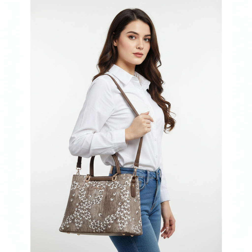Super Classic Brown White Peacock Feather Print Elegant Handbag