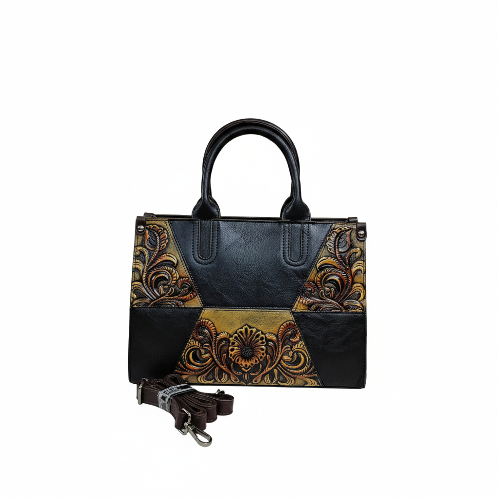 Super Classic Black Brownish Gold Floral And Scrollwork Elegant Handbag