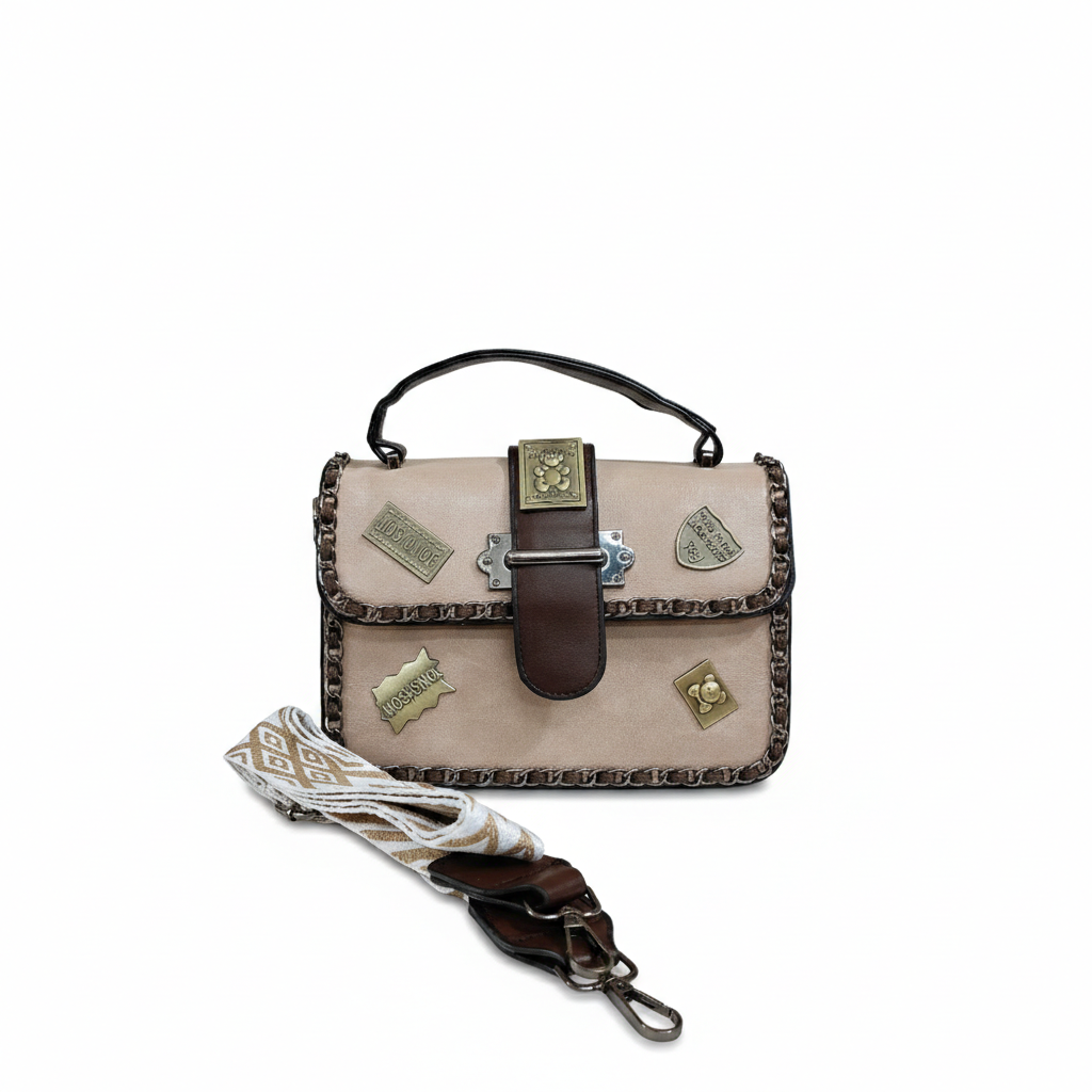 Super Classic Beige Metallic Patches Elegant Handbag