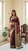 Banarasi Silk Saree | Wine Magenta Handwoven Zari Border Saree with Floral Meenakari Work & Blouse Piece | Indian Wedding & Festival Wear