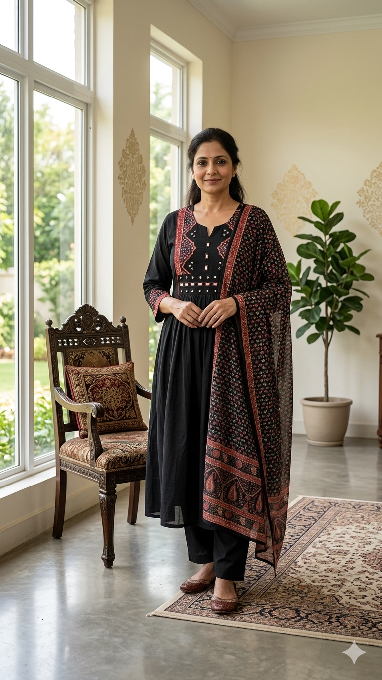 Women Black Mirror Work Cotton Kurta Pant Dupatta Set