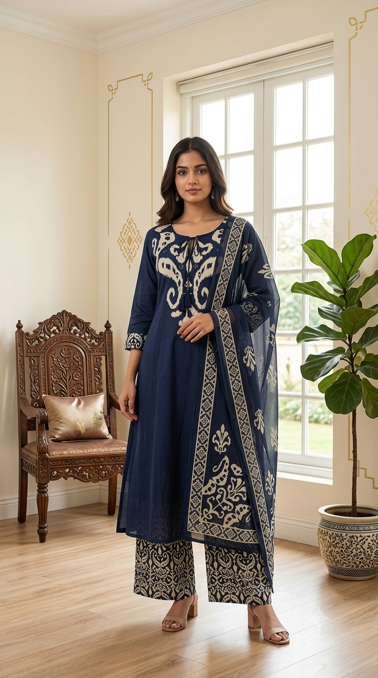 Women Navy Blue Embroidery Cotton Kurta Palazzo Dupatta Set