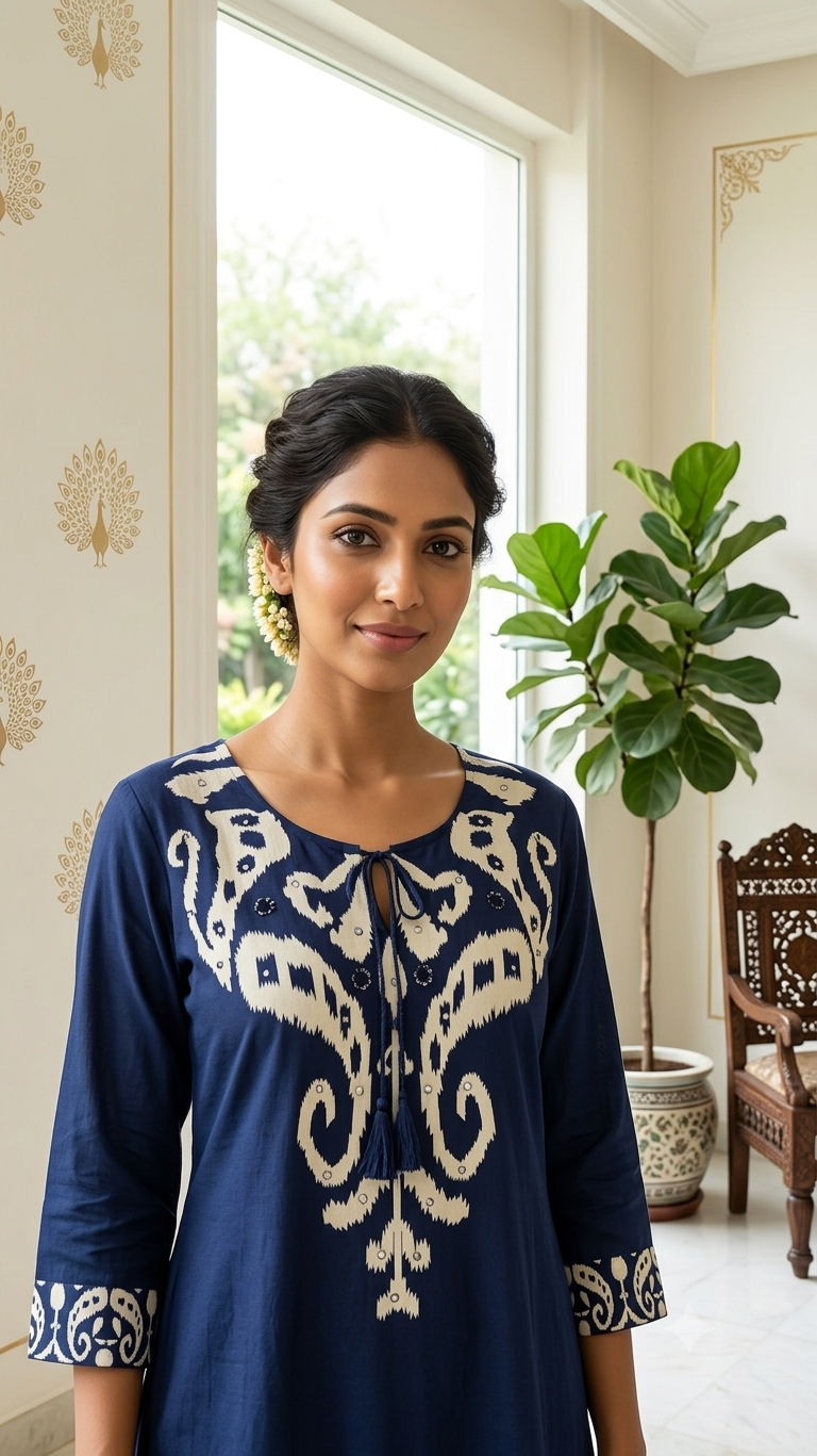 Women Navy Blue Embroidery Cotton Kurta Palazzo Dupatta Set