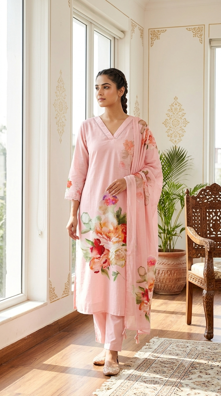 Women Baby Pink Floral Print Crochet Lace Cotton Linen Kurta Pant Dupatta Set