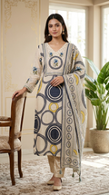 Women Beige Geometric Circle Print Blue Floral Bead Work Crepe Silk Kurta Pant Dupatta Set