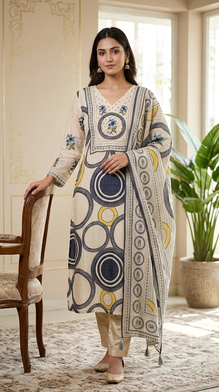 Women Beige Geometric Circle Print Blue Floral Bead Work Crepe Silk Kurta Pant Dupatta Set