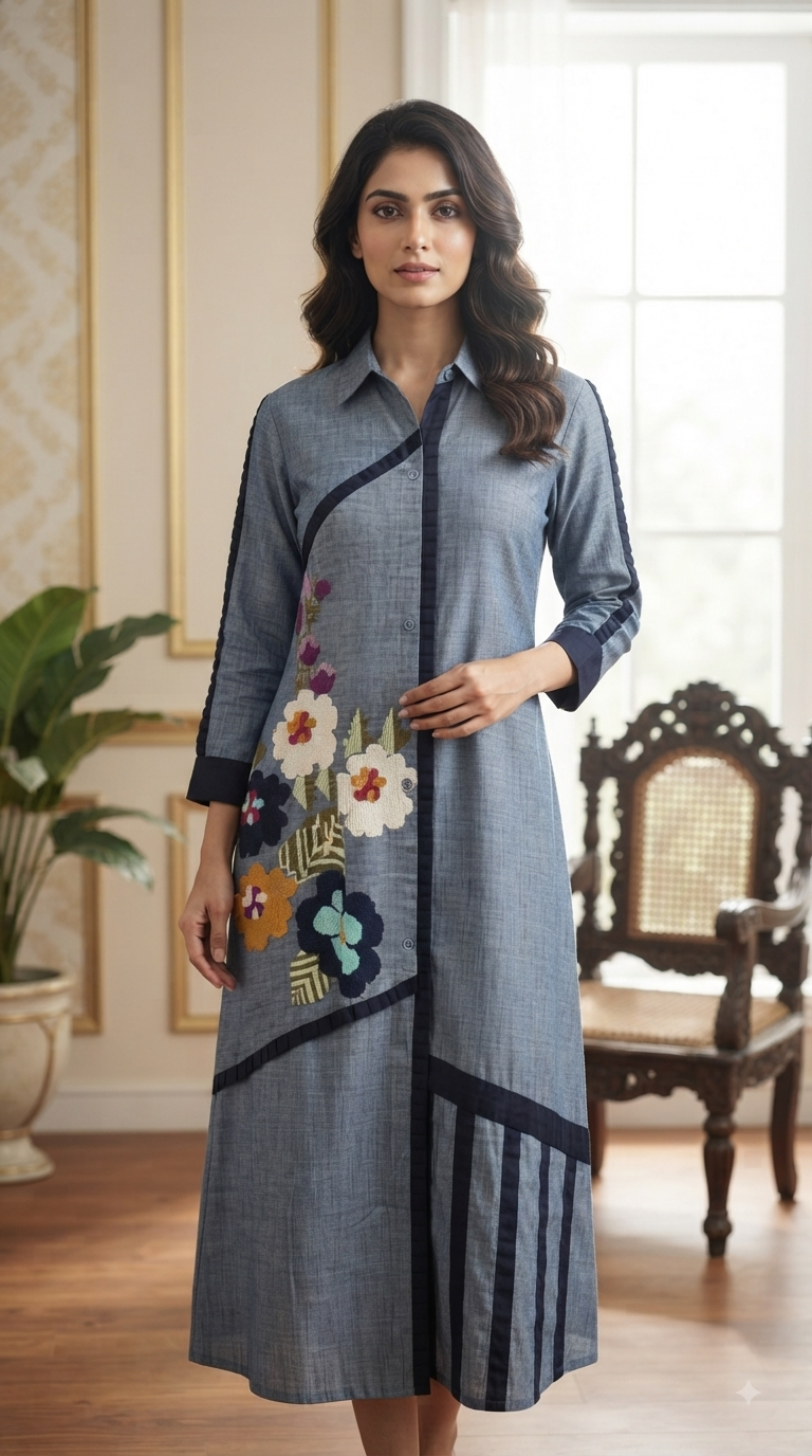 Women Grey Embroidered Cotton Kurta Only