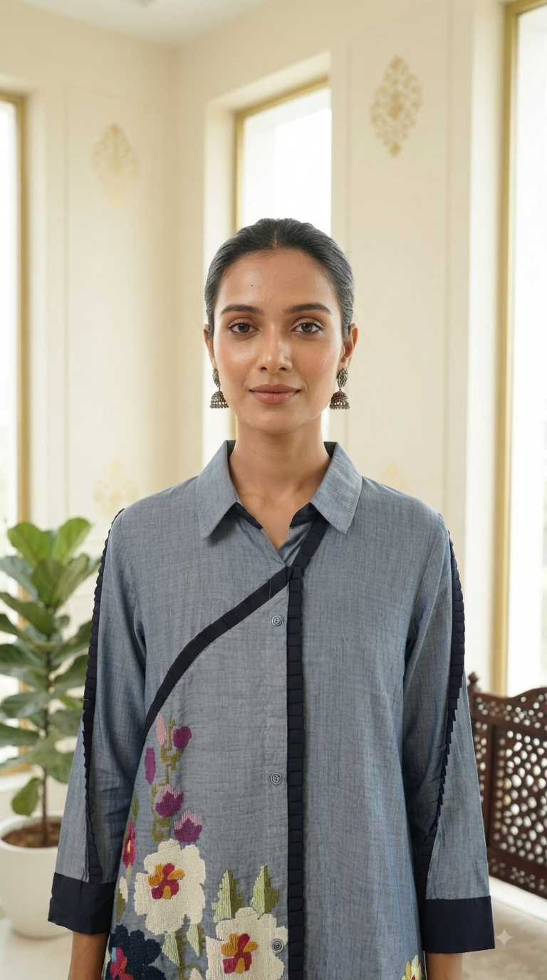 Women Grey Embroidered Cotton Kurta Only