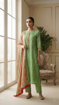 Women Green Embroidered Cotton Kurta Pant Dupatta