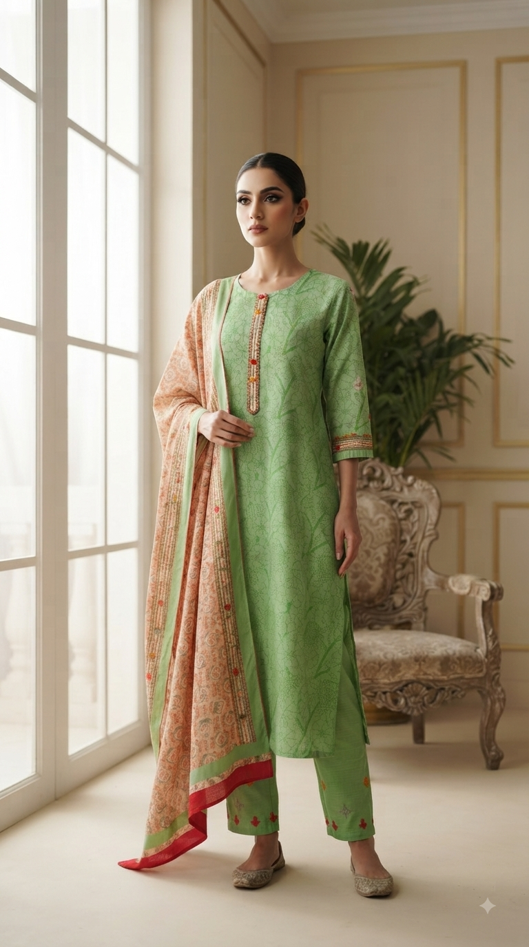 Women Green Embroidered Cotton Kurta Pant Dupatta