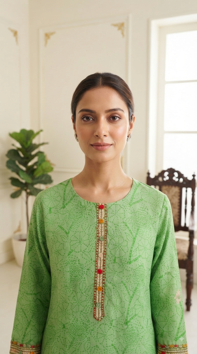 Women Green Embroidered Cotton Kurta Pant Dupatta