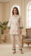 Women Beige Embroidered Cotton Cordset