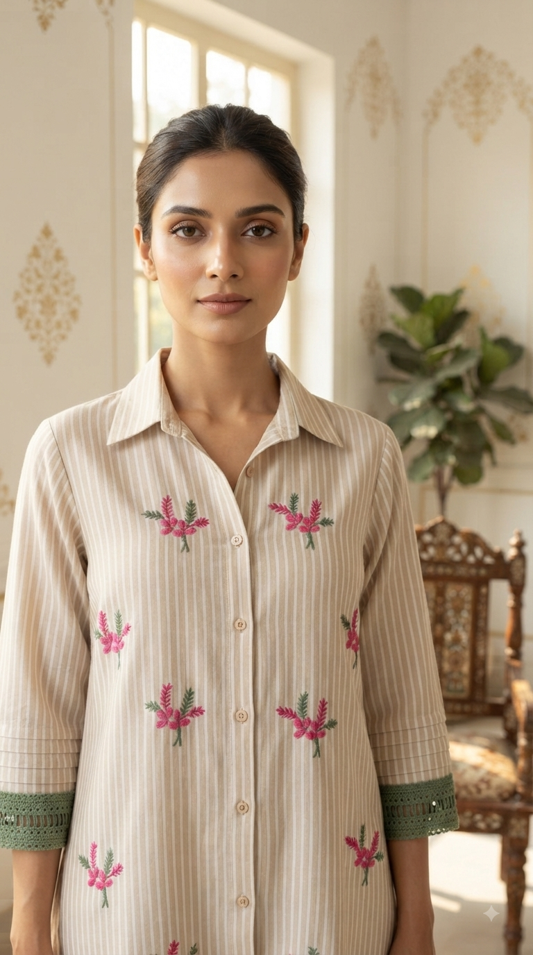 Women Beige Embroidered Cotton Cordset