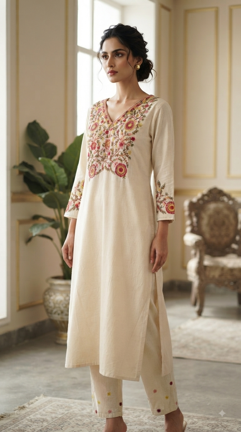 Women Beige Embroidered Cotton Kurta Pant