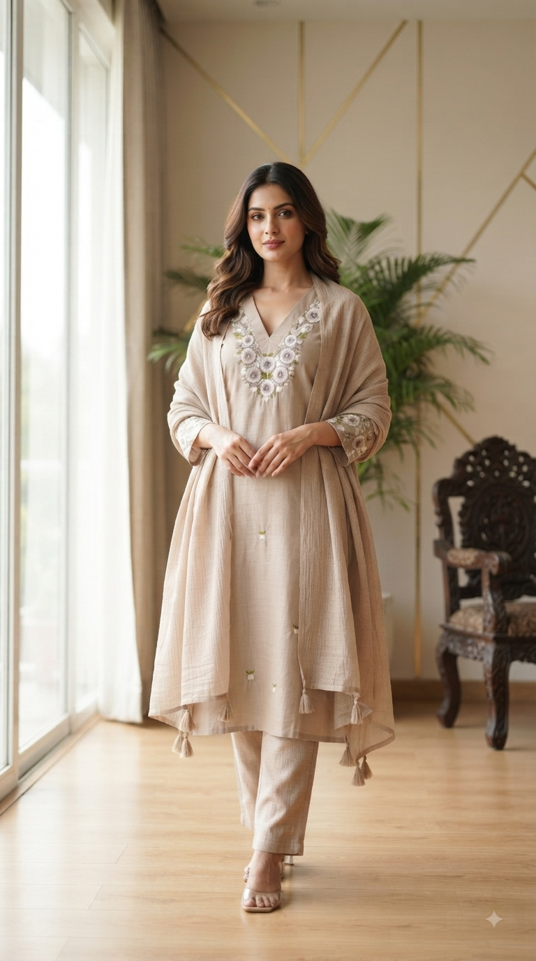 Women Beige Embroidered Cotton Kurta Pant Dupatta