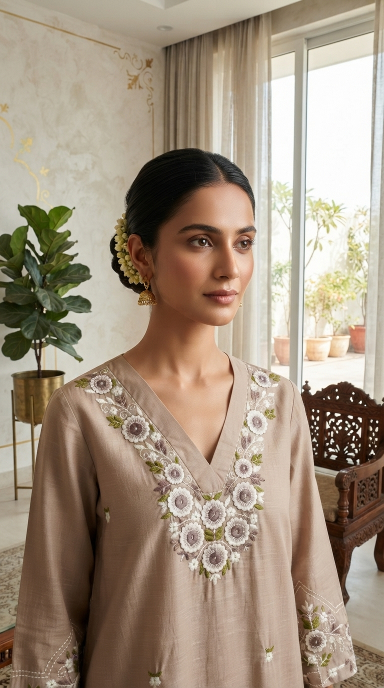 Women Beige Embroidered Cotton Kurta Pant Dupatta