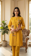 Women Yellow Embroidered Cotton Cordset