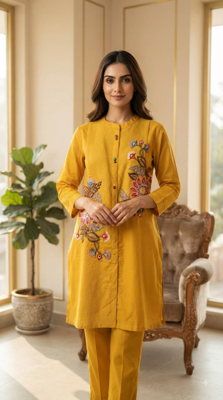 Women Yellow Embroidered Cotton Cordset