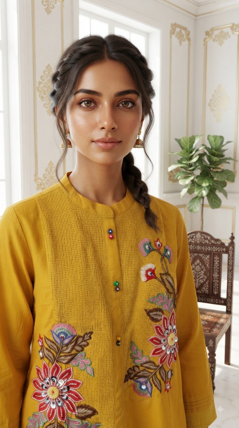 Women Yellow Embroidered Cotton Cordset