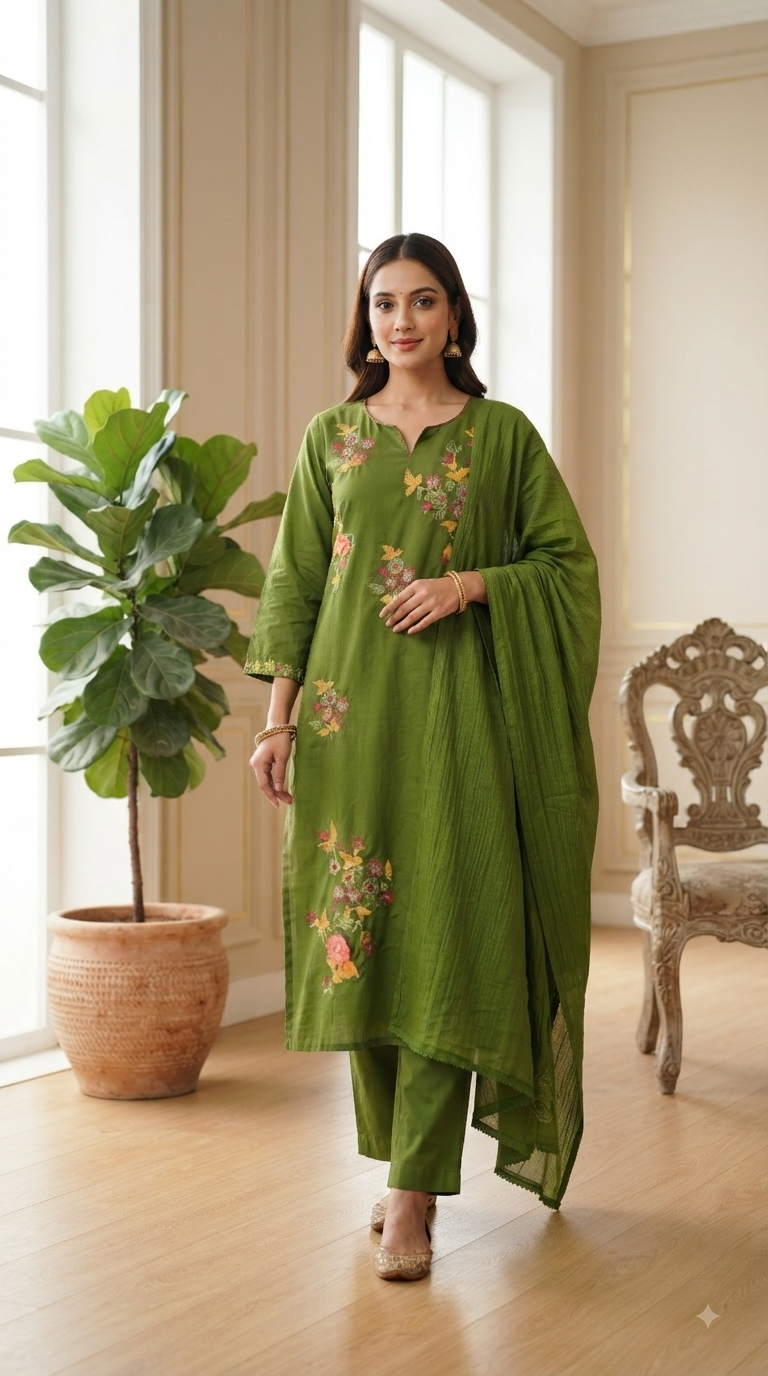 Women Green Embroidered Cotton Kurta Pant Dupatta