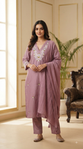 Women Lavender Embroidered Cotton Kurta Pant Dupatta