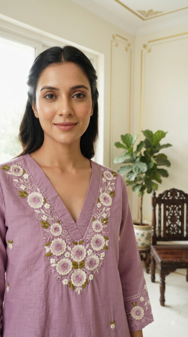 Women Lavender Embroidered Cotton Kurta Pant Dupatta