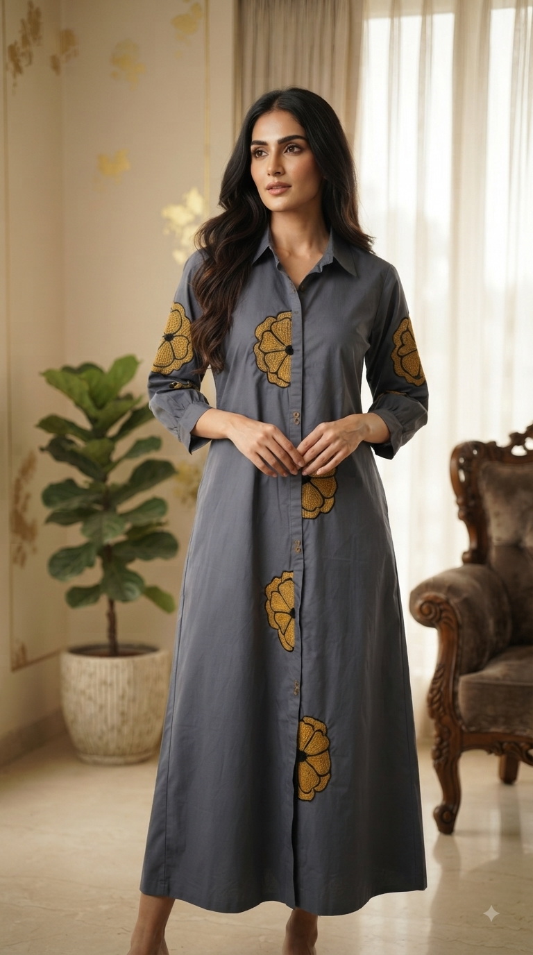 Women Blue Embroidered Cotton Kurta Only