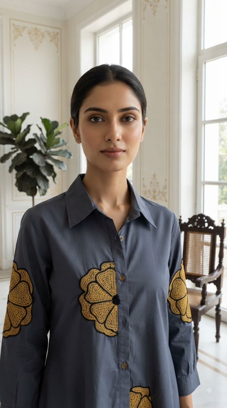 Women Blue Embroidered Cotton Kurta Only