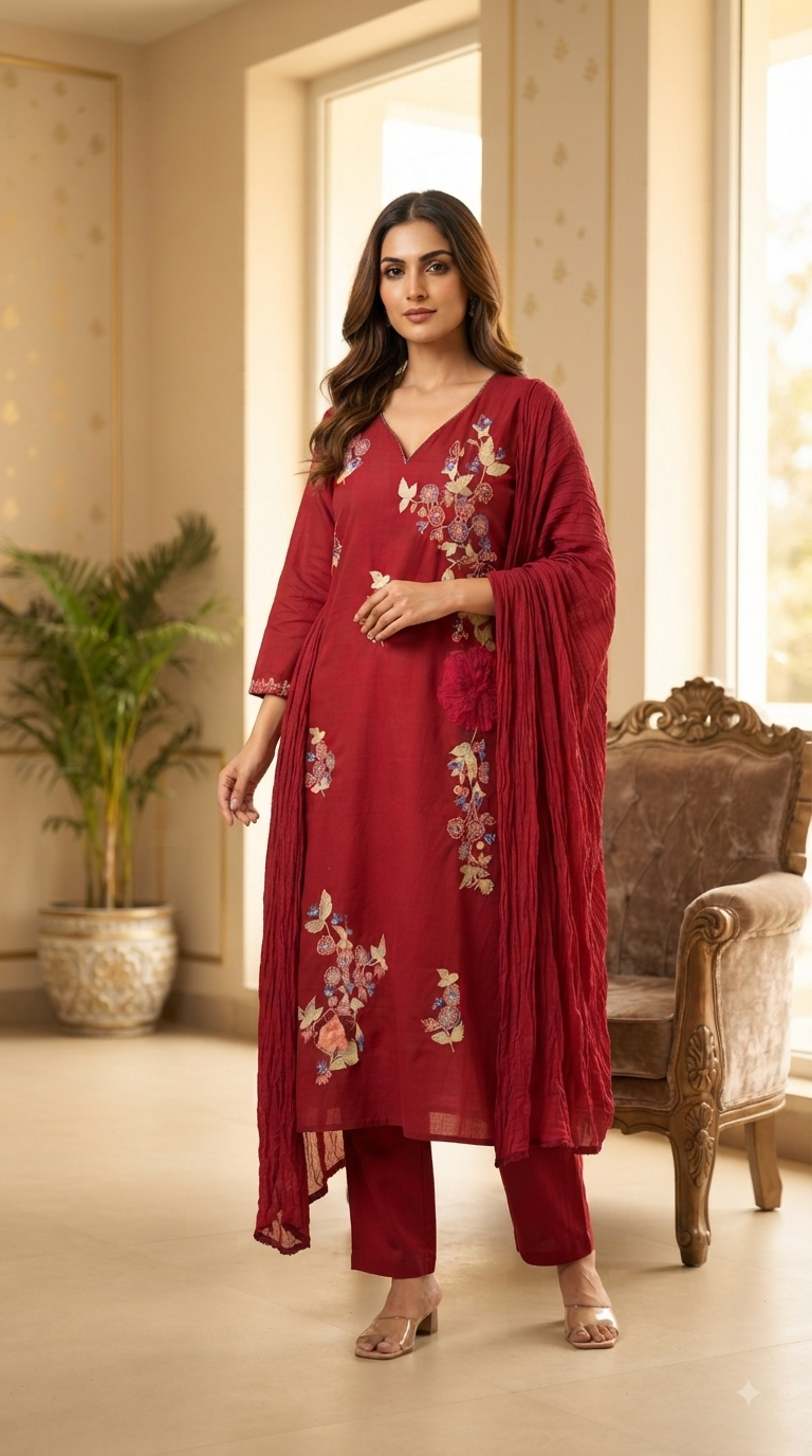 Women Maroon Embroidered Cotton Kurta Pant Dupatta