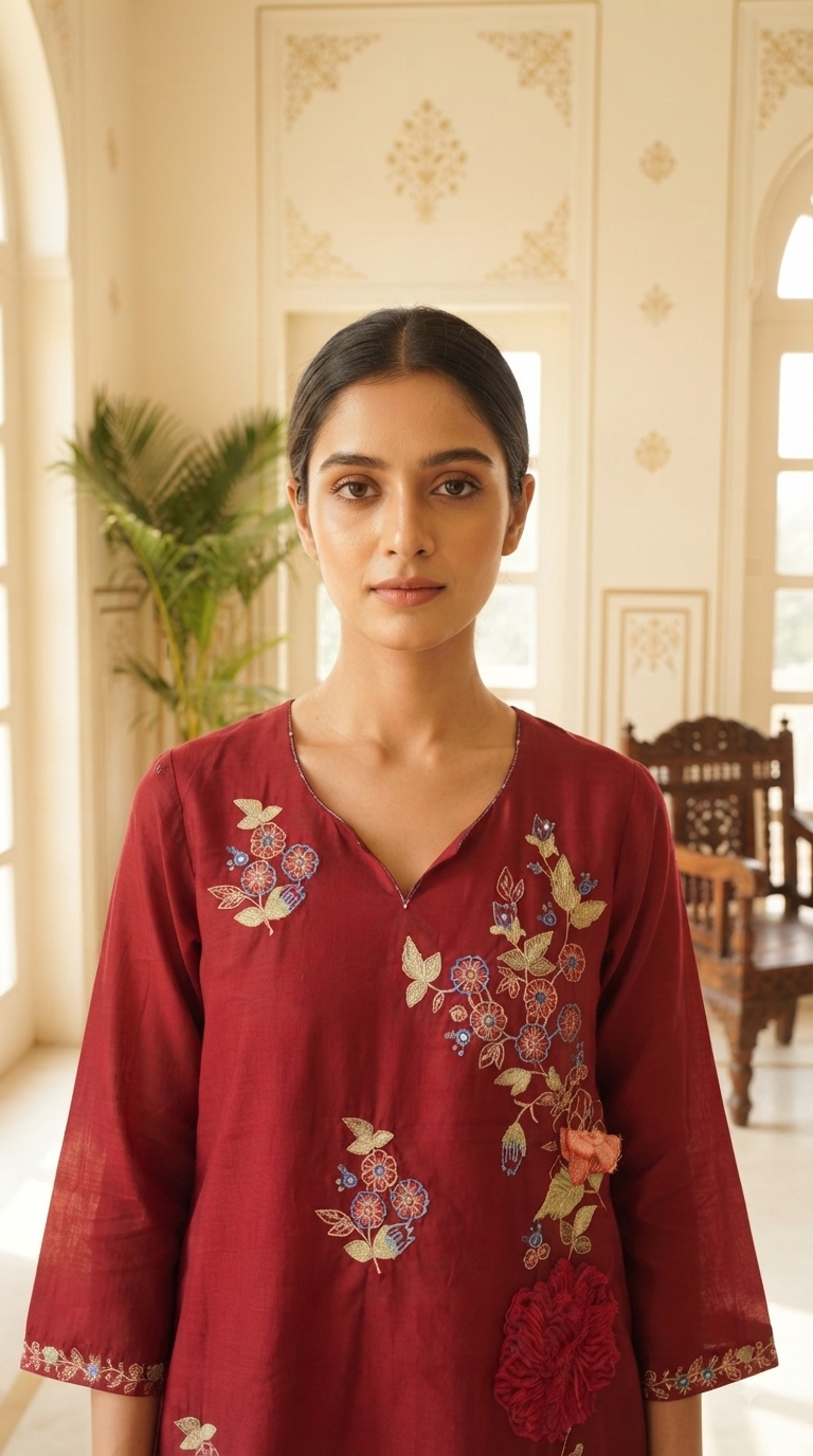Women Maroon Embroidered Cotton Kurta Pant Dupatta