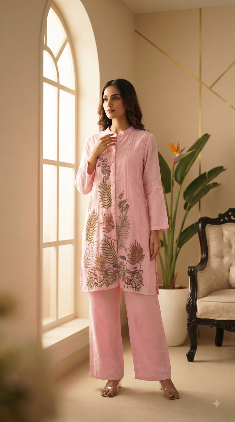 Women Pink Embroidered Mul Cotton Cordset