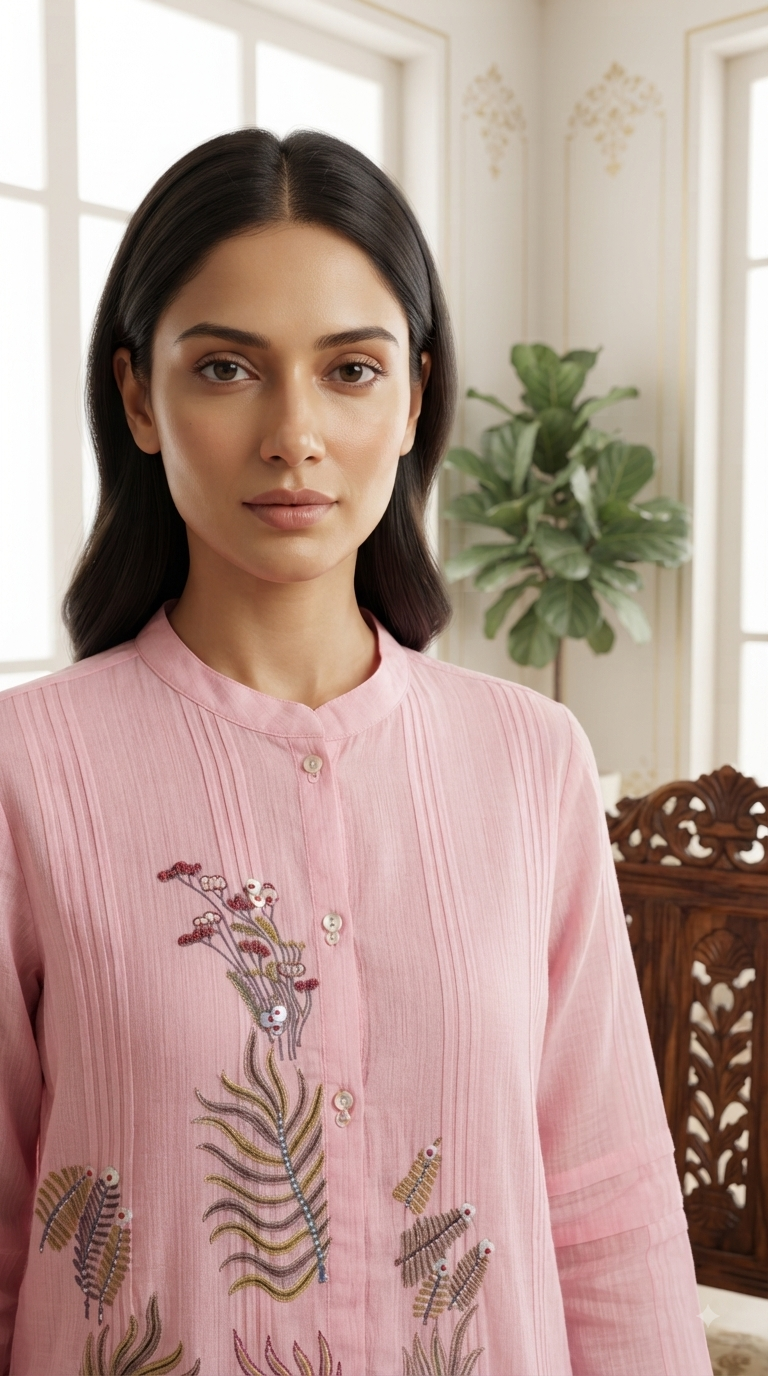 Women Pink Embroidered Mul Cotton Cordset