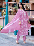 Women Pink Chikankari Cotton Kurta Pant Dupatta